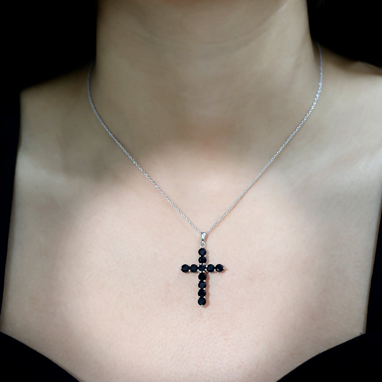 Natural Black Onyx Cross Pendant Necklace for Women