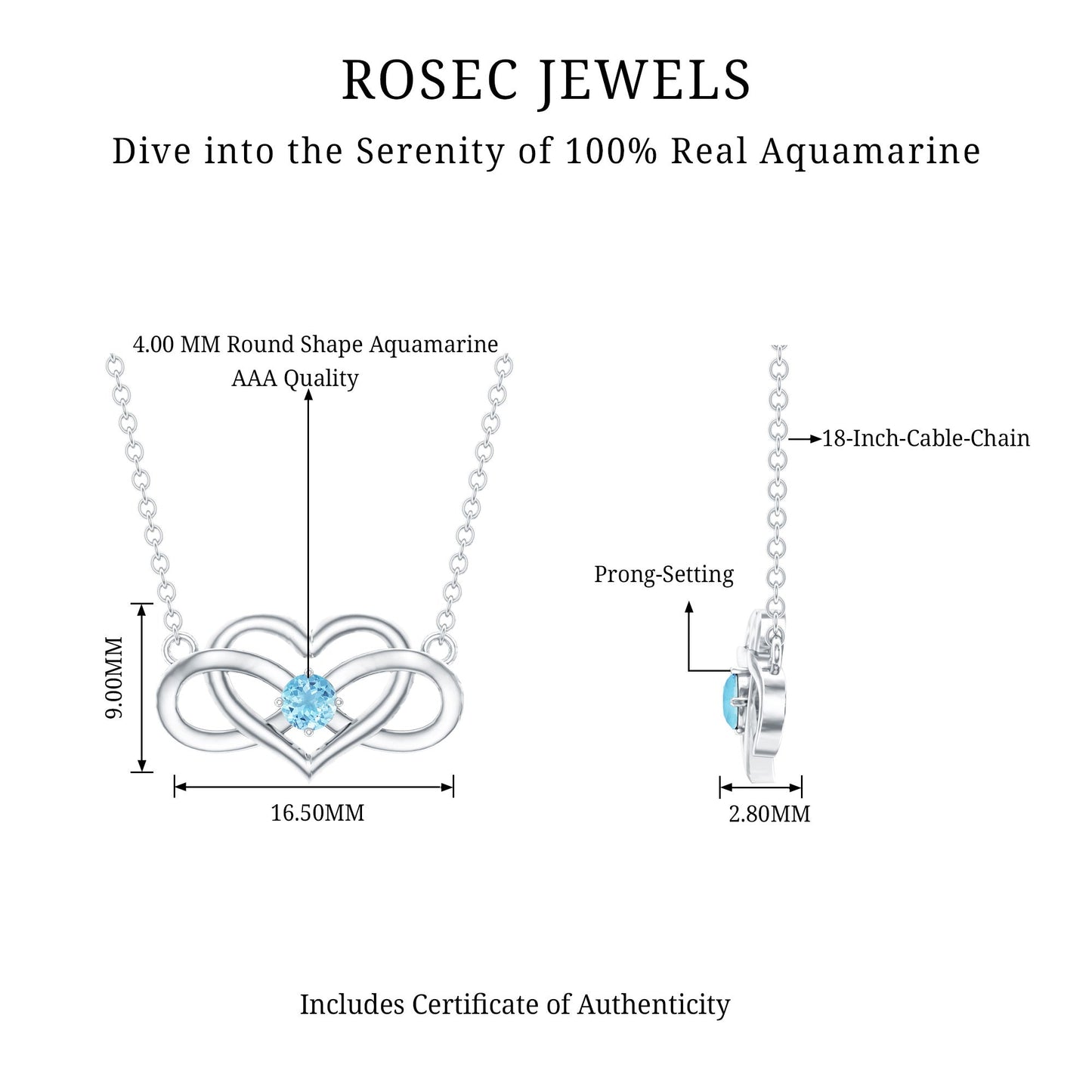 Certified Aquamarine Infinity and Heart Necklace