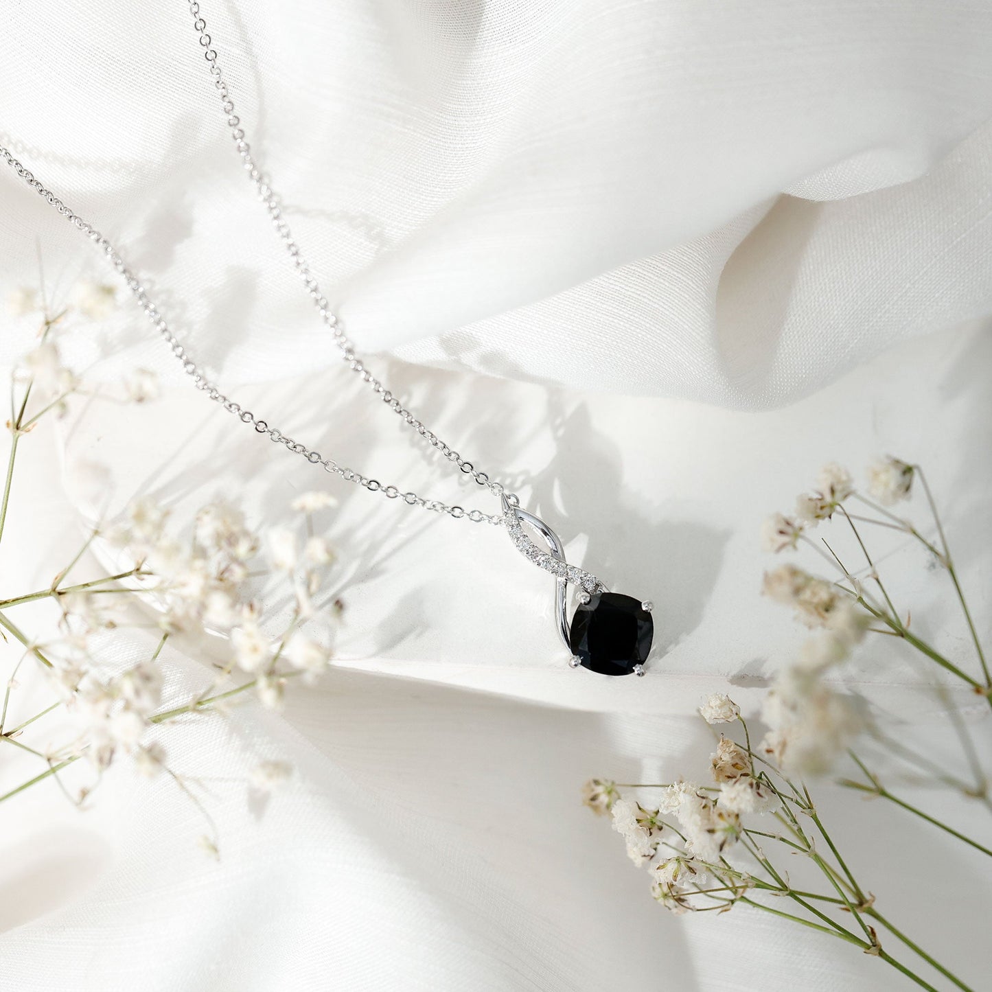 Cushion Cut Black Onyx Solitaire Infinity Necklace with Lab Diamond