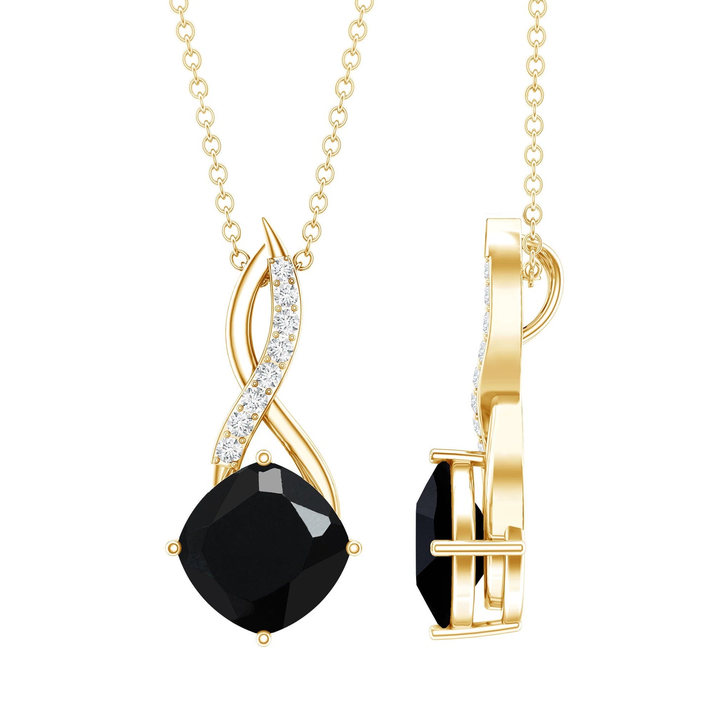 Cushion Cut Black Onyx Solitaire Infinity Necklace with Lab Diamond