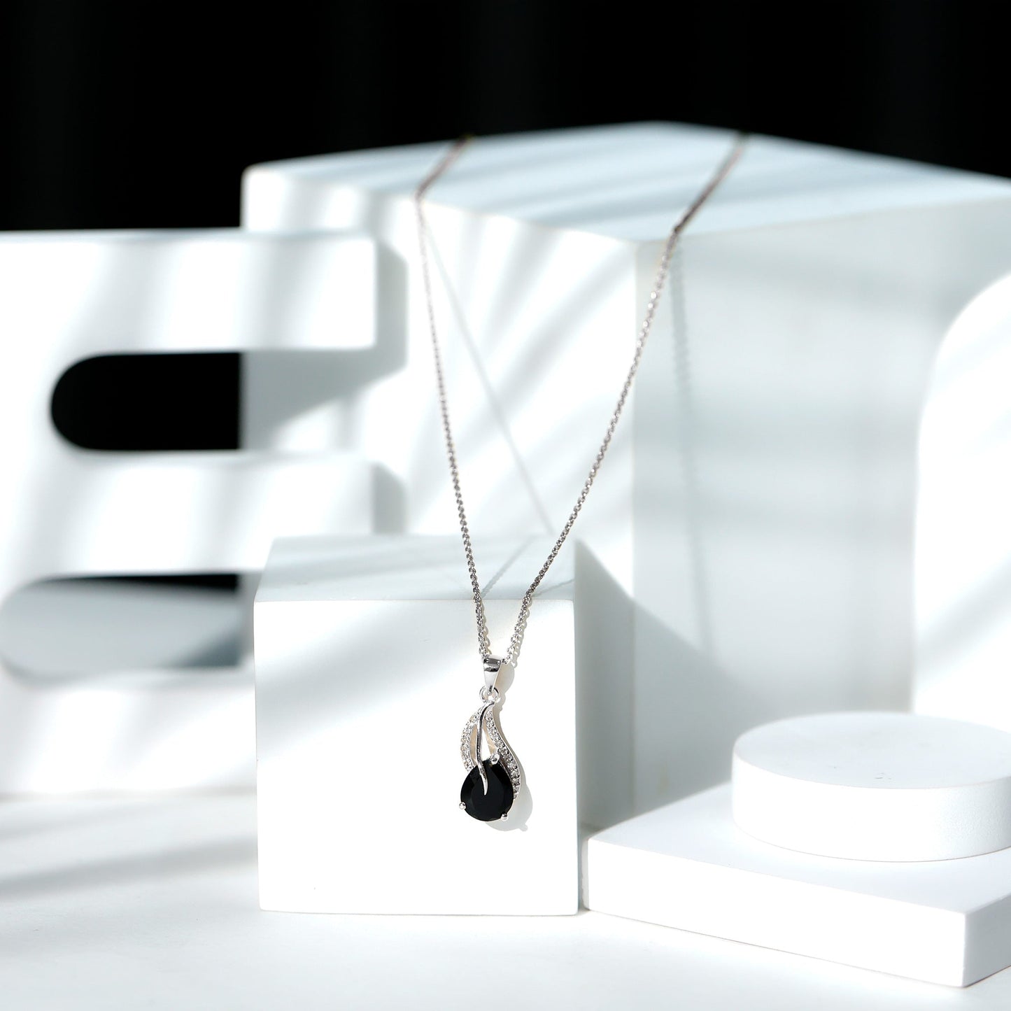 Pear Shaped Black Onyx and Diamond Leaf Pendant Necklace
