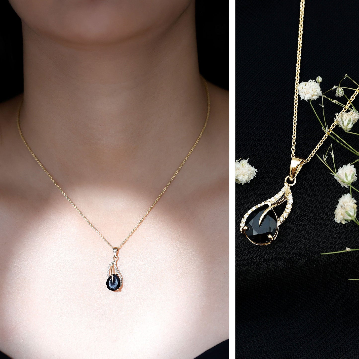 Pear Shaped Black Onyx and Diamond Leaf Pendant Necklace