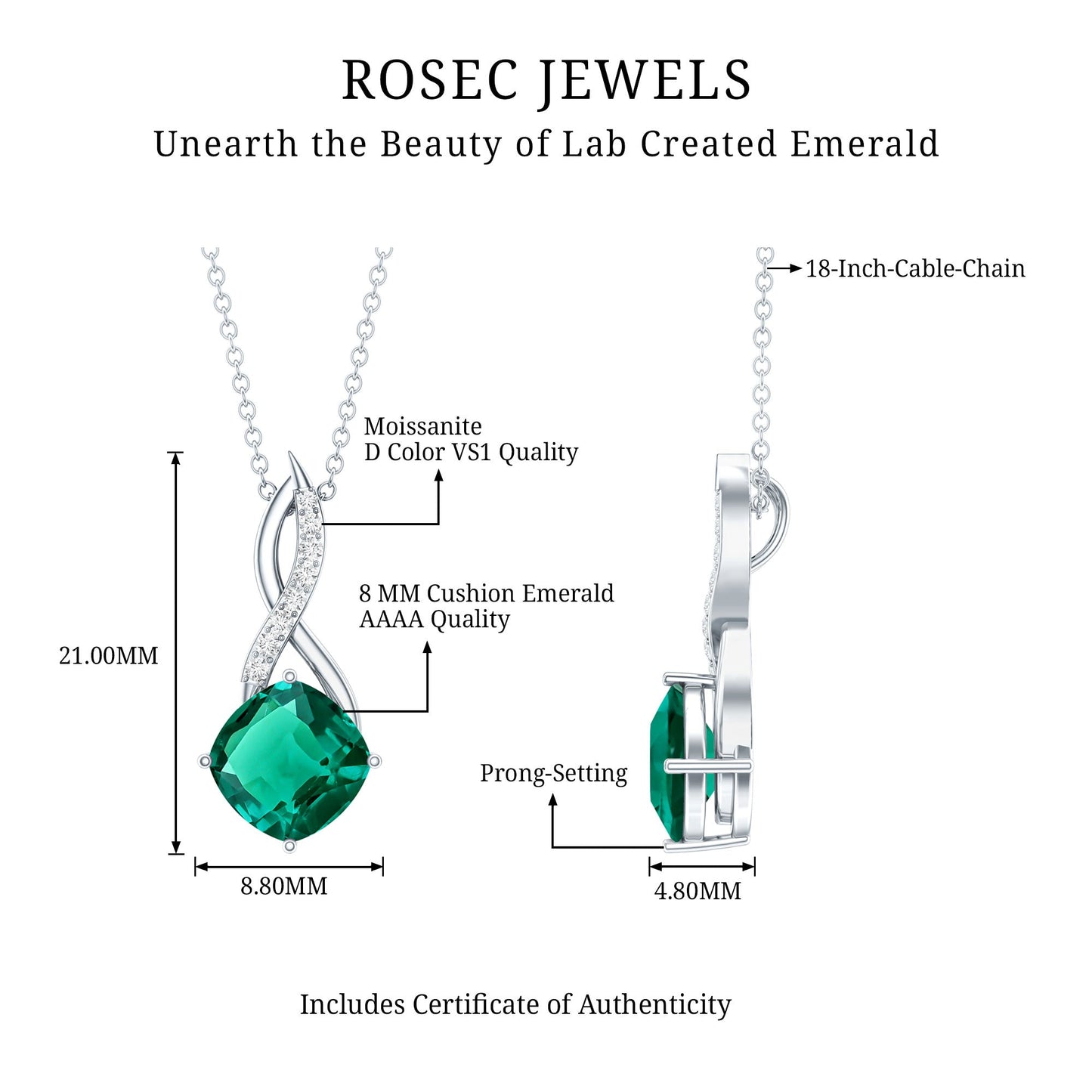 Certified Lab Created Emerald Infinity Necklace with Moissanite