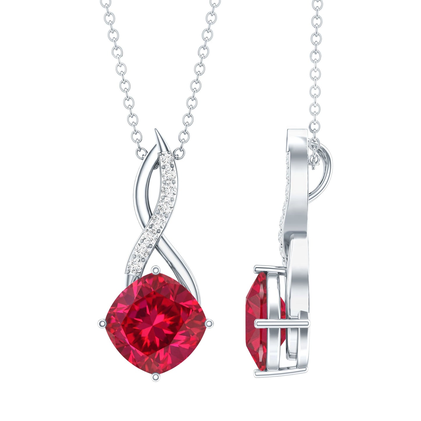 Cushion Cut Created Ruby Solitaire Infinity Pendant with Diamond