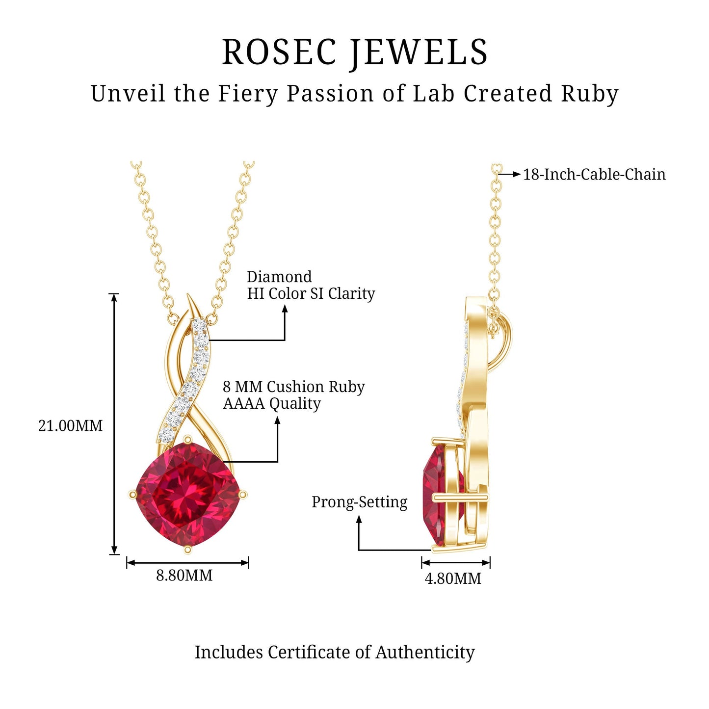 Cushion Cut Created Ruby Solitaire Infinity Pendant with Diamond