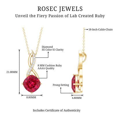 Cushion Cut Created Ruby Solitaire Infinity Pendant with Diamond