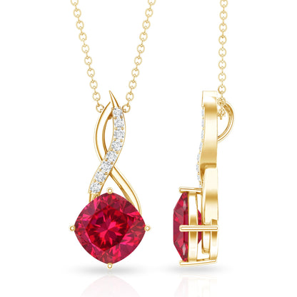 Cushion Cut Created Ruby Solitaire Infinity Pendant with Diamond