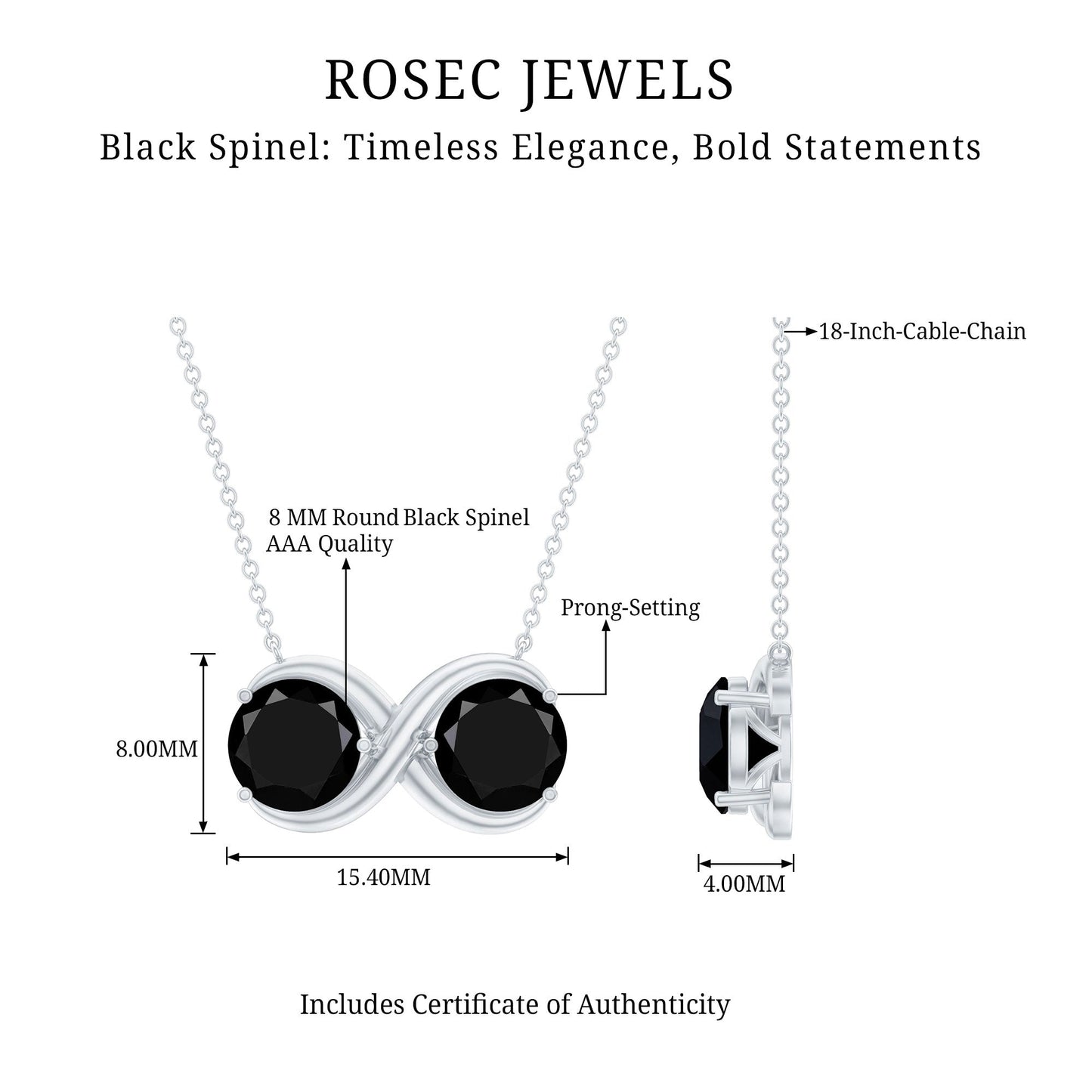 Round Cut Black Spinel Two Stone Infinity Necklace