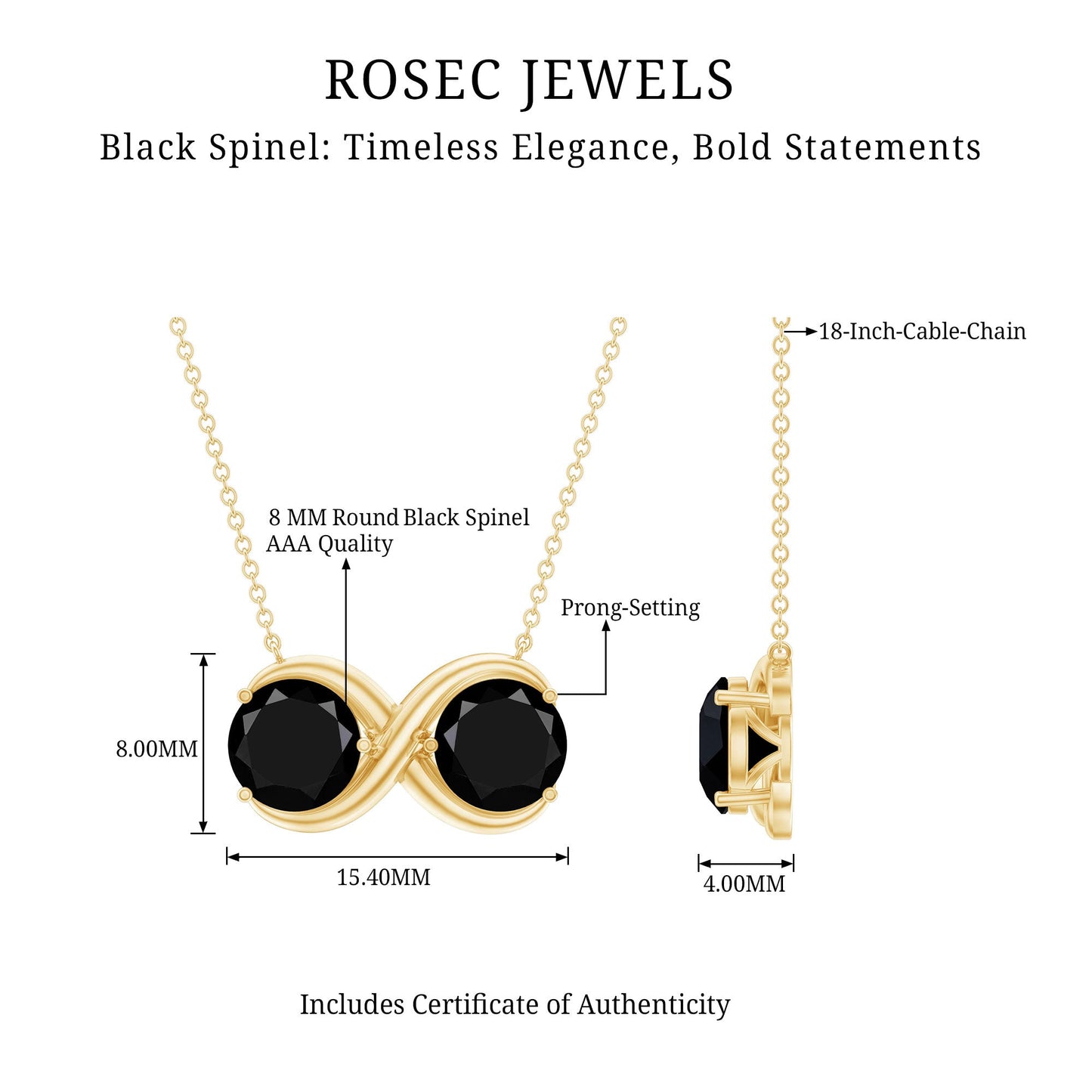 Round Cut Black Spinel Two Stone Infinity Necklace