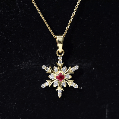 Natural Ruby and Diamond Snowflake Pendant Necklace