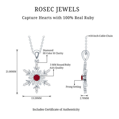 Natural Ruby and Diamond Snowflake Pendant Necklace