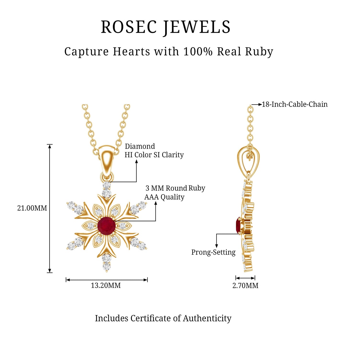 Natural Ruby and Diamond Snowflake Pendant Necklace