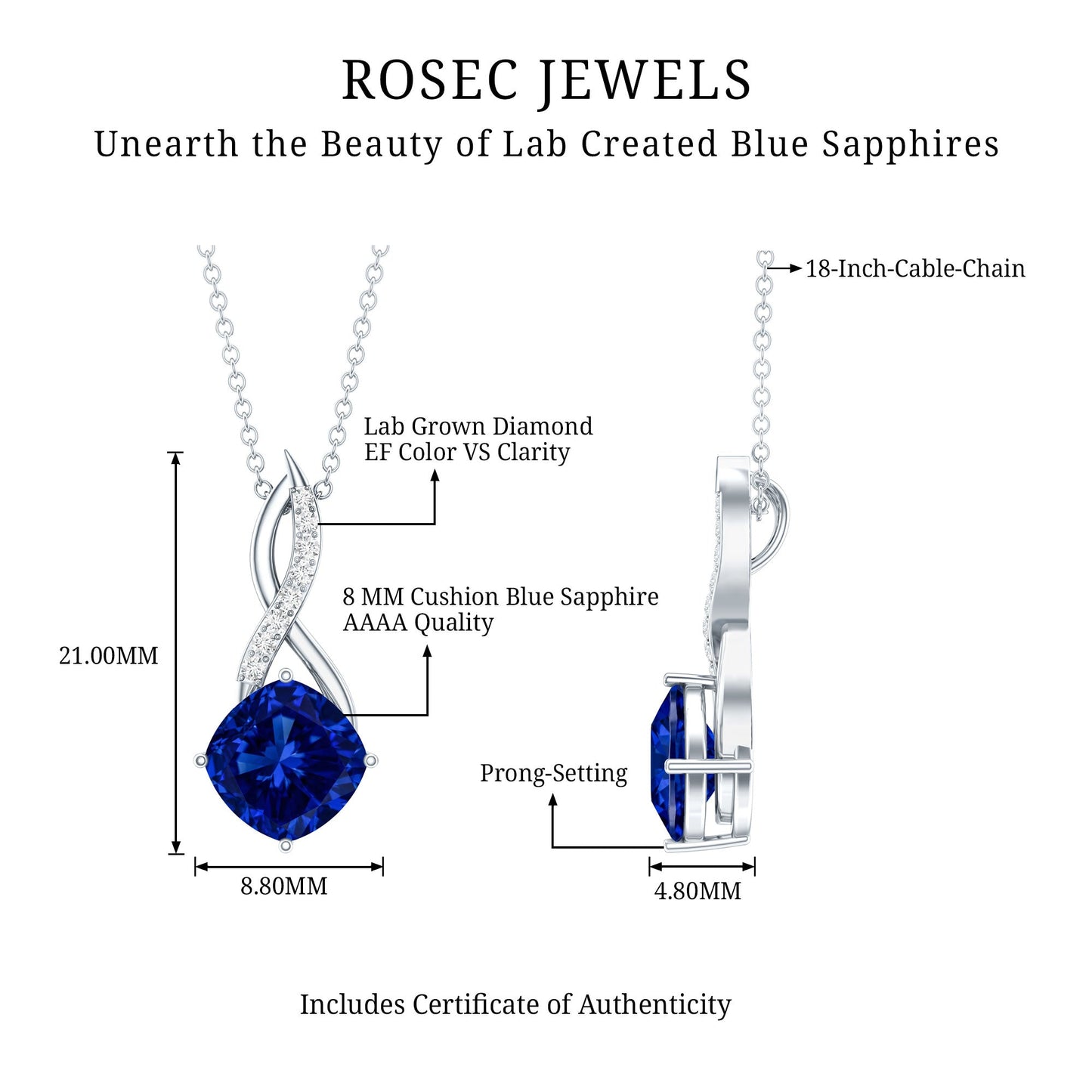 2.7 Carat Cushion Cut Lab Created Blue Sapphire Diamond Infinity Necklace