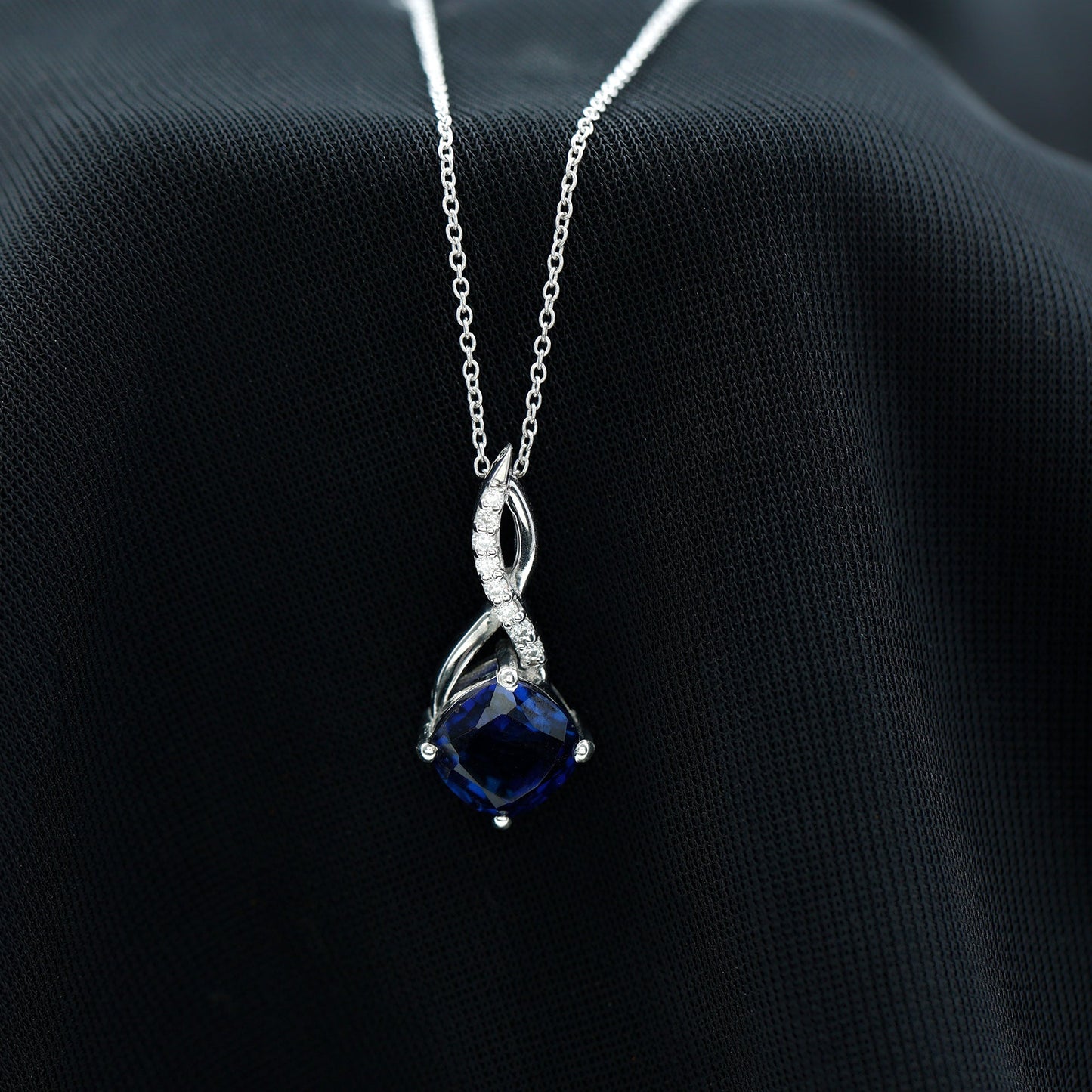 2.7 Carat Cushion Cut Lab Created Blue Sapphire Diamond Infinity Necklace