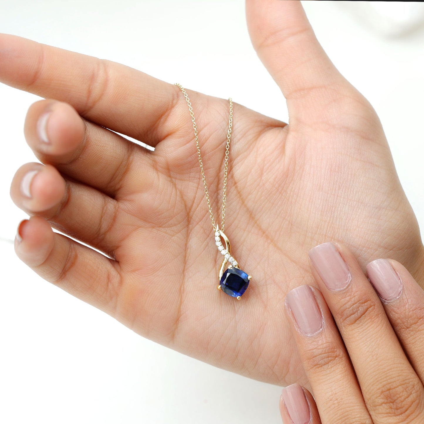 2.7 Carat Cushion Cut Lab Created Blue Sapphire Diamond Infinity Necklace