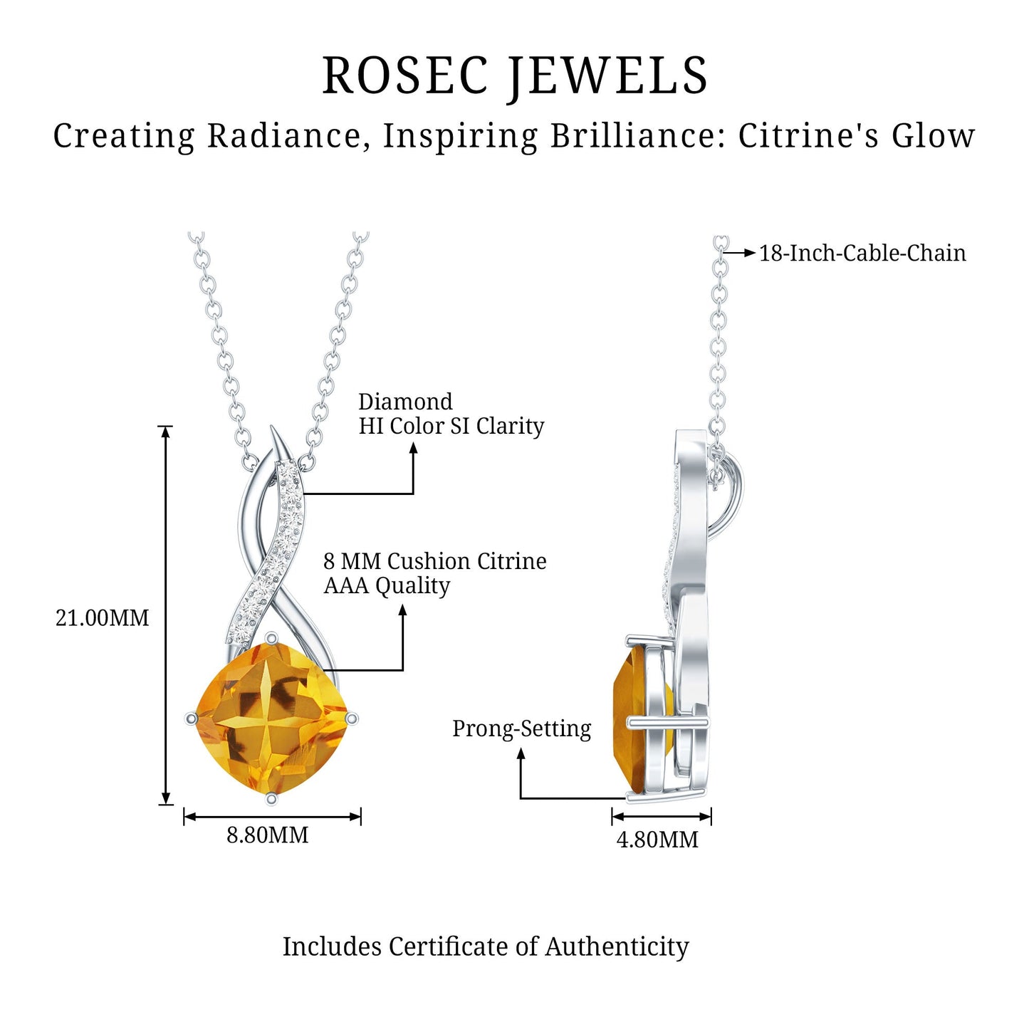 Natural 2.23 Carat Cushion Cut Citrine Infinity Pendant Necklace with Diamond