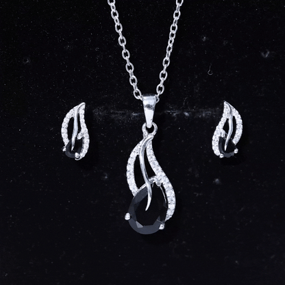Pear Shaped Black Onyx Necklace and Earrings Set with Moissanite