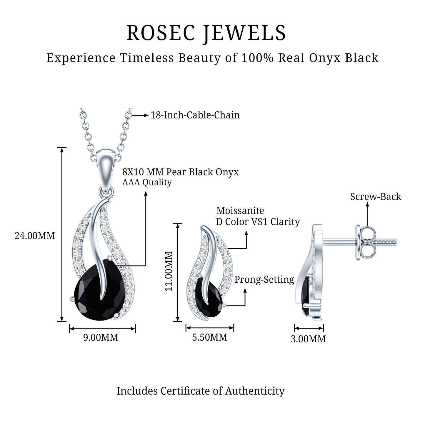Pear Shaped Black Onyx Necklace and Earrings Set with Moissanite