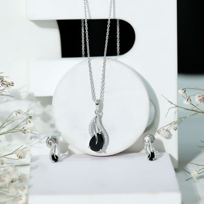 Pear Shaped Black Onyx Necklace and Earrings Set with Moissanite
