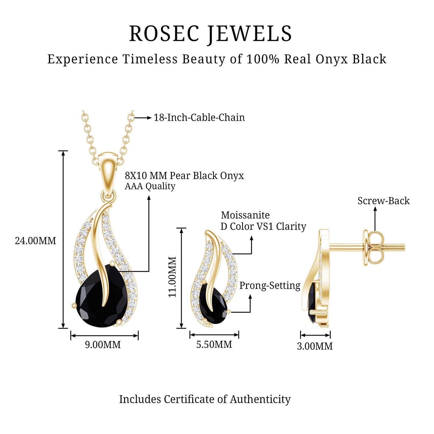 Pear Shaped Black Onyx Necklace and Earrings Set with Moissanite