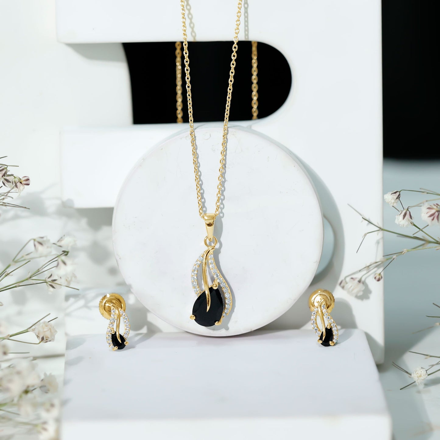 Pear Shaped Black Onyx Necklace and Earrings Set with Moissanite