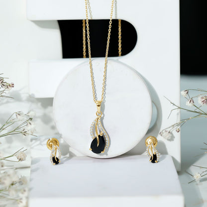 Pear Shaped Black Onyx Necklace and Earrings Set with Moissanite