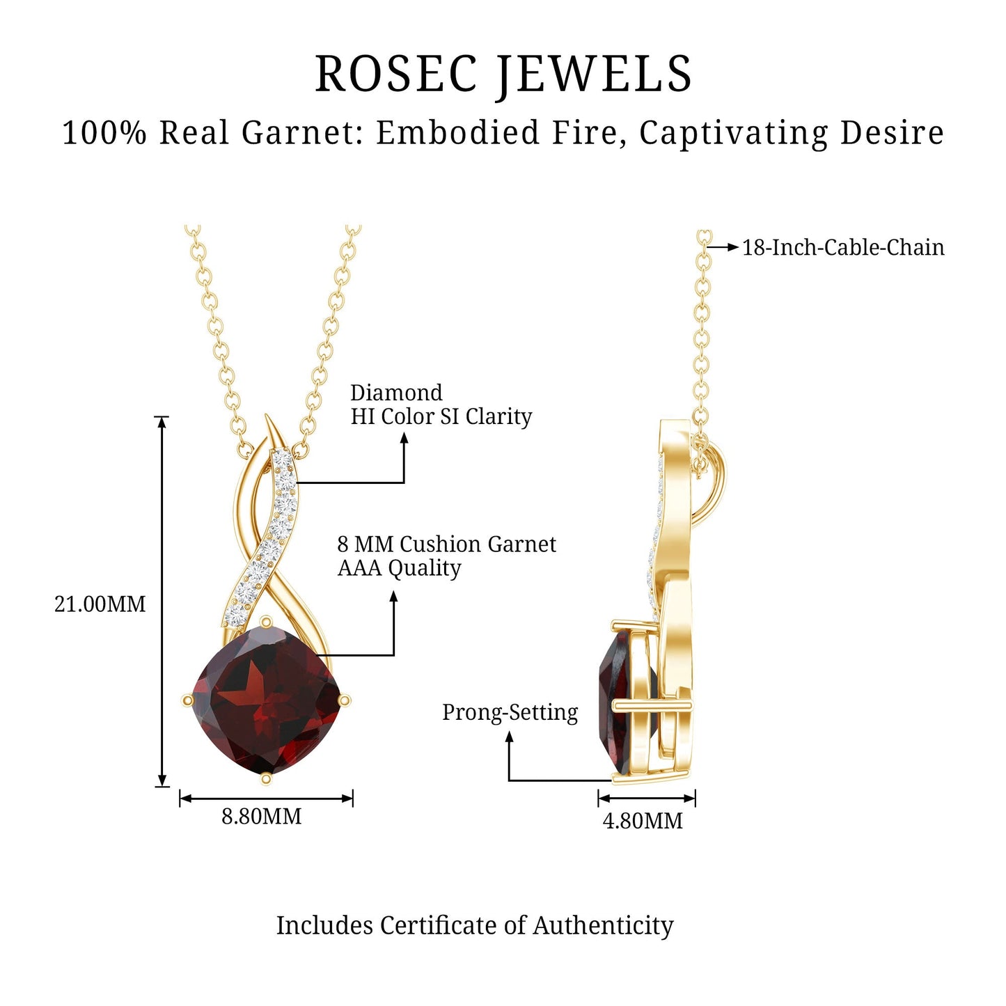 3.2 Carat Cushion Garnet Drop Infinity Necklace with Diamond