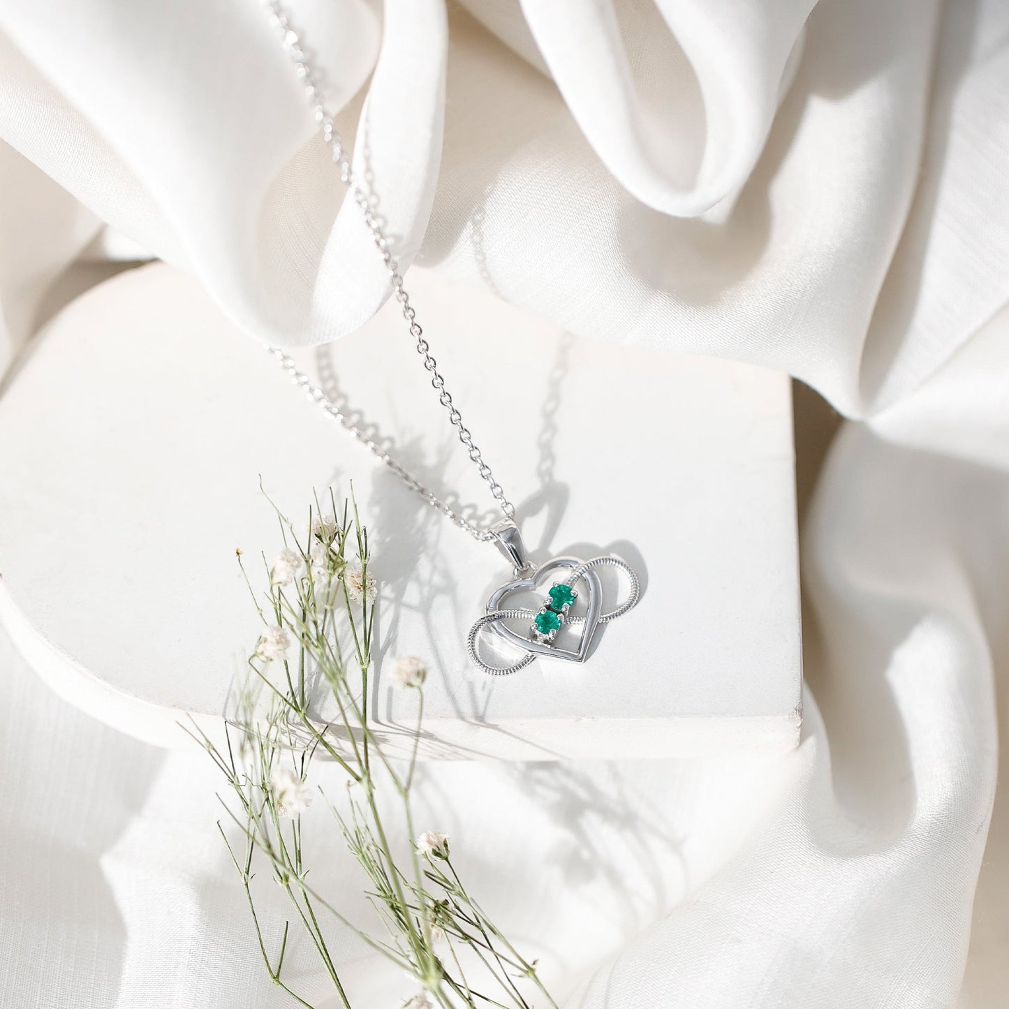 Heart Infinity Necklace with Real Emerald