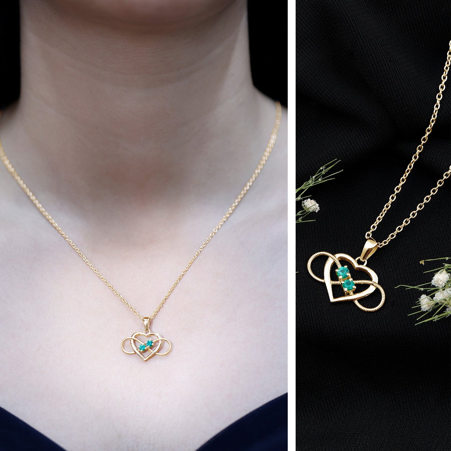 Heart Infinity Necklace with Real Emerald