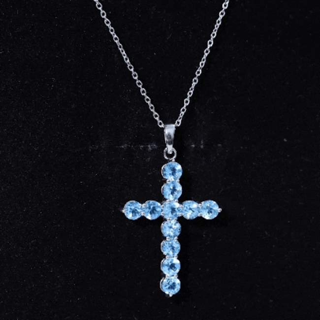 Natural Swiss Blue Topaz Cross Pendant Necklace with Silver Chain