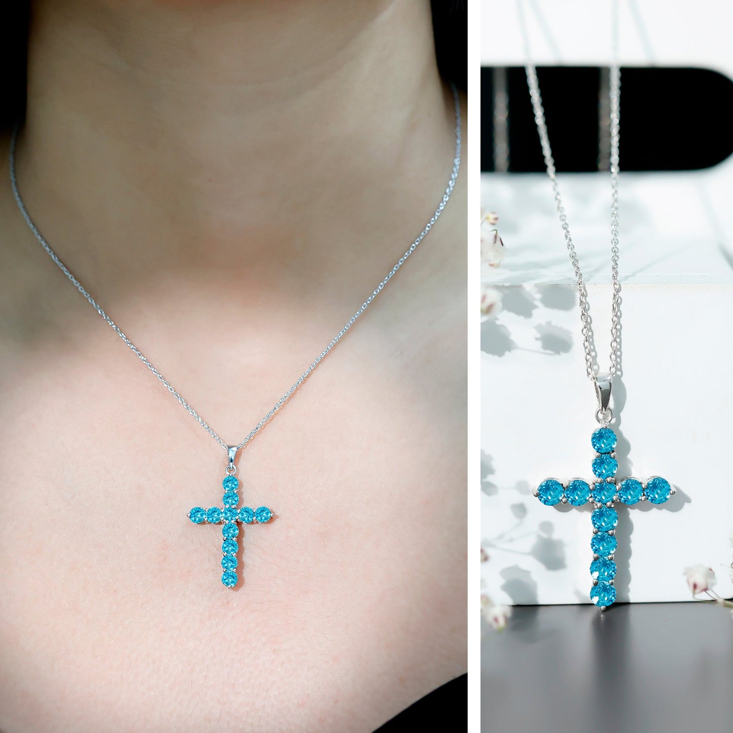 Natural Swiss Blue Topaz Cross Pendant Necklace with Silver Chain