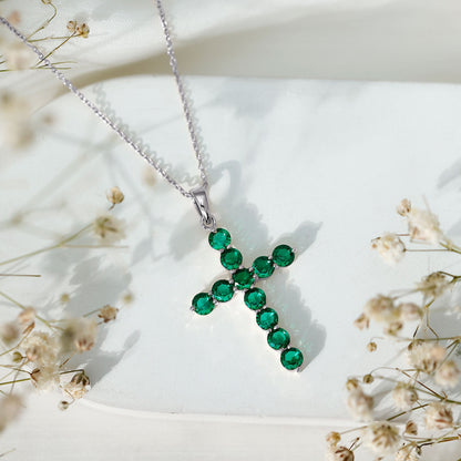 Certified Lab Grown Emerald Christian Cross Necklace With Chain
