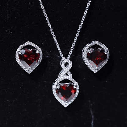 Real Garnet and Diamond Infinity Heart Jewelry Set