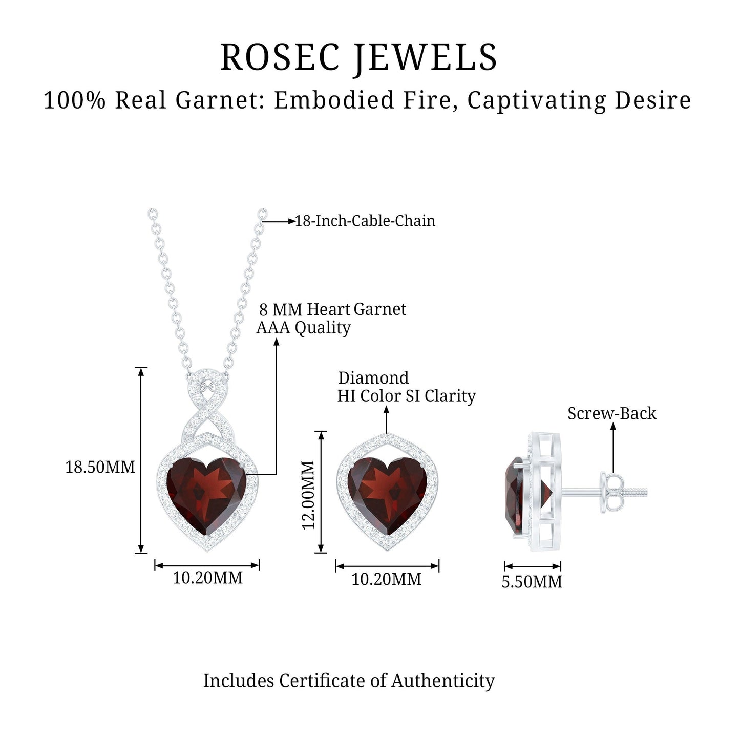 Real Garnet and Diamond Infinity Heart Jewelry Set