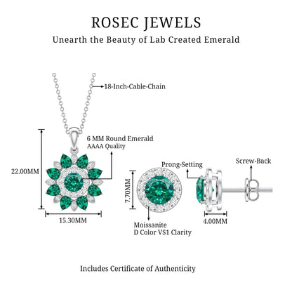 Certified Lab Created Emerald and Diamond Flower Jewelry Set