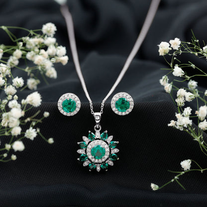 Certified Lab Created Emerald and Diamond Flower Jewelry Set