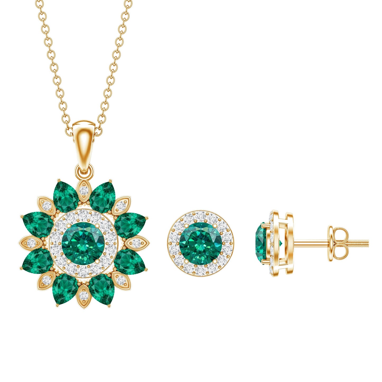 Certified Lab Created Emerald and Diamond Flower Jewelry Set