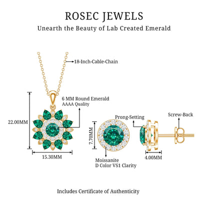 Certified Lab Created Emerald and Diamond Flower Jewelry Set
