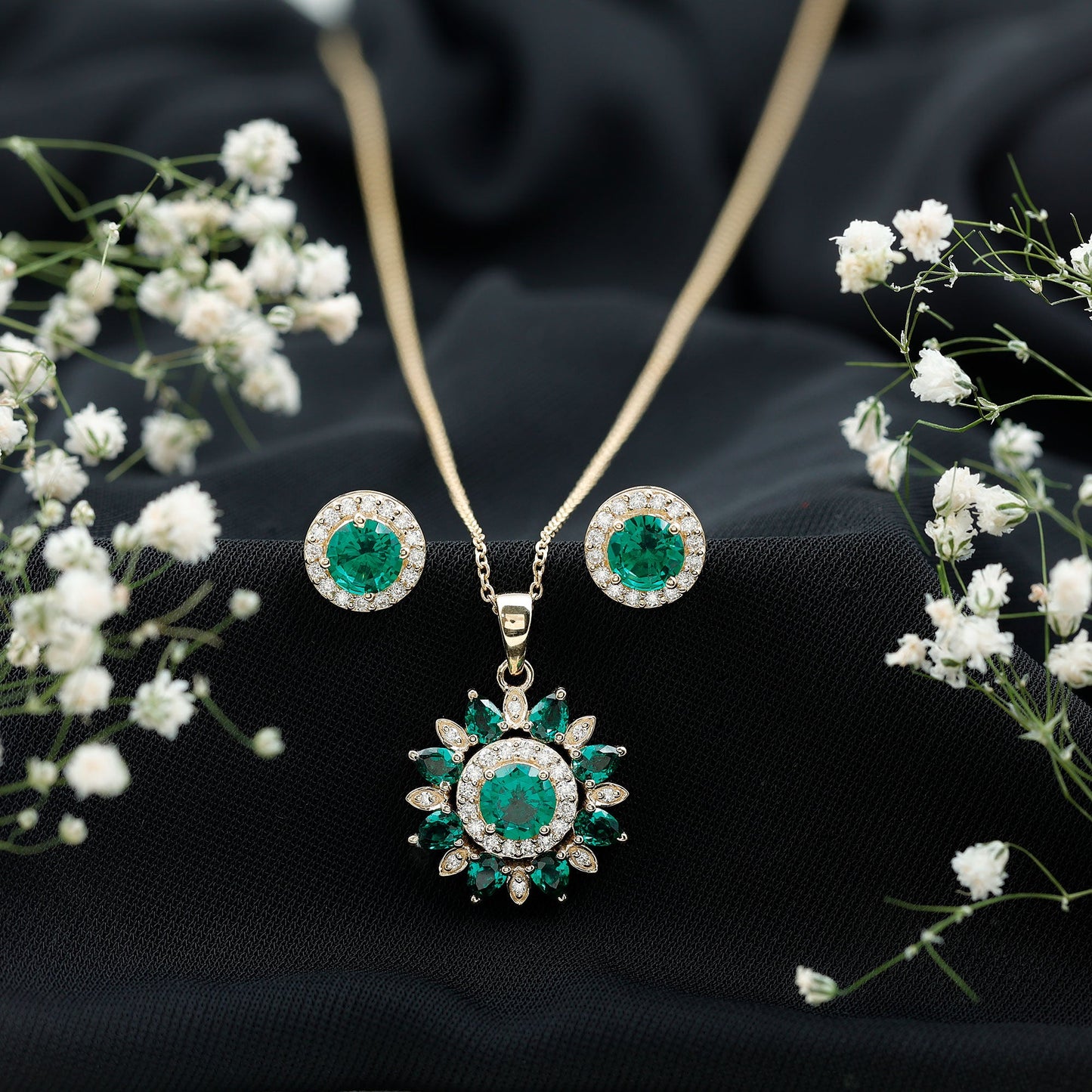 Certified Lab Created Emerald and Diamond Flower Jewelry Set