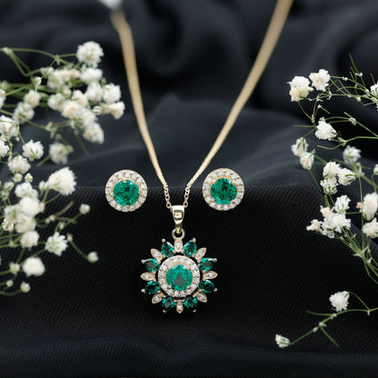 Certified Lab Created Emerald and Diamond Flower Jewelry Set