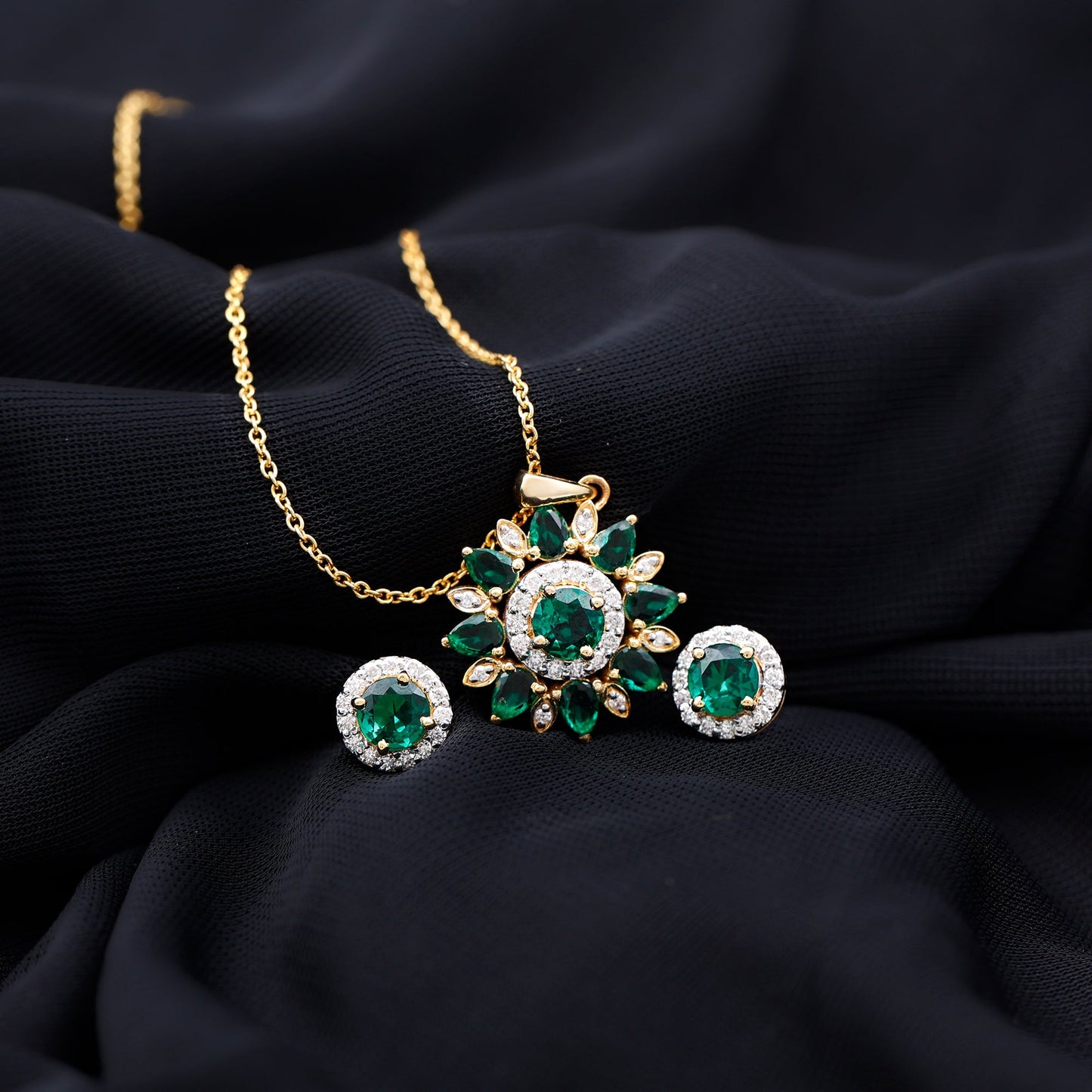 Certified Lab Created Emerald and Diamond Flower Jewelry Set