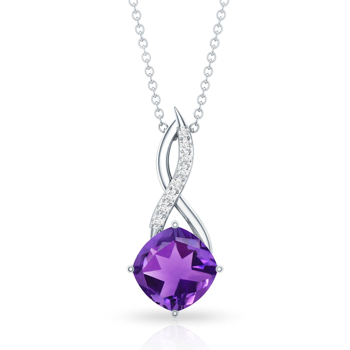 Natural 2 Carat Cushion Cut Amethyst Infinity Necklace with Diamond