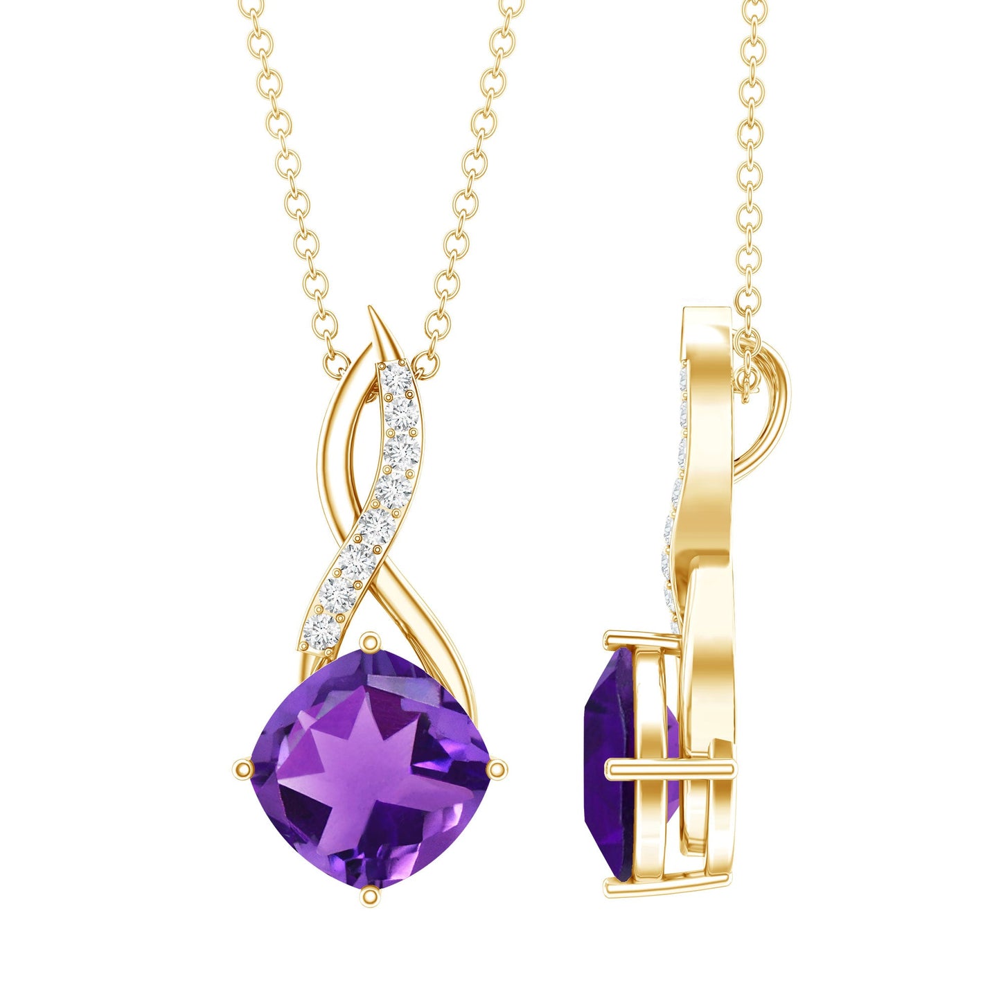 Natural 2 Carat Cushion Cut Amethyst Infinity Necklace with Diamond