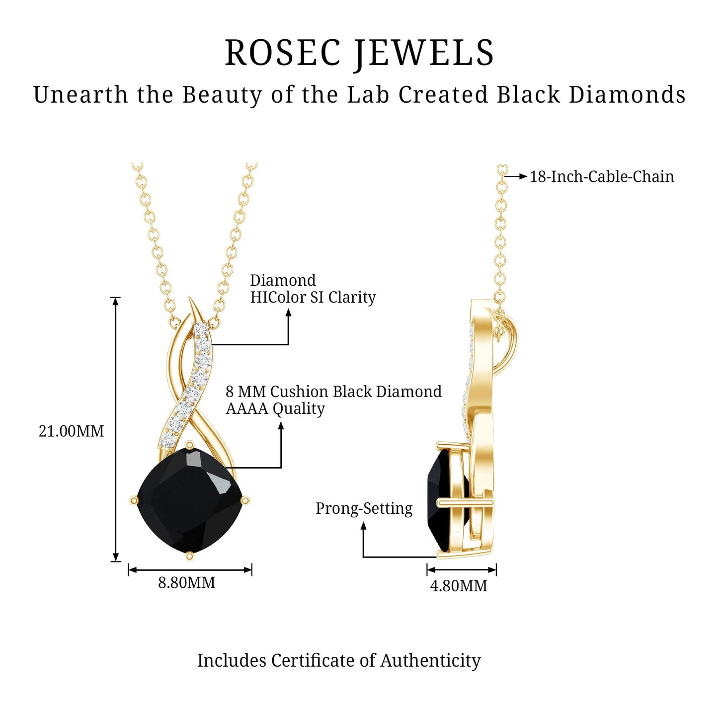 2.83 Carat Cushion Lab Grown Black Diamond Infinity Necklace