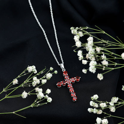 Genuine Garnet Cross Pendant Necklace