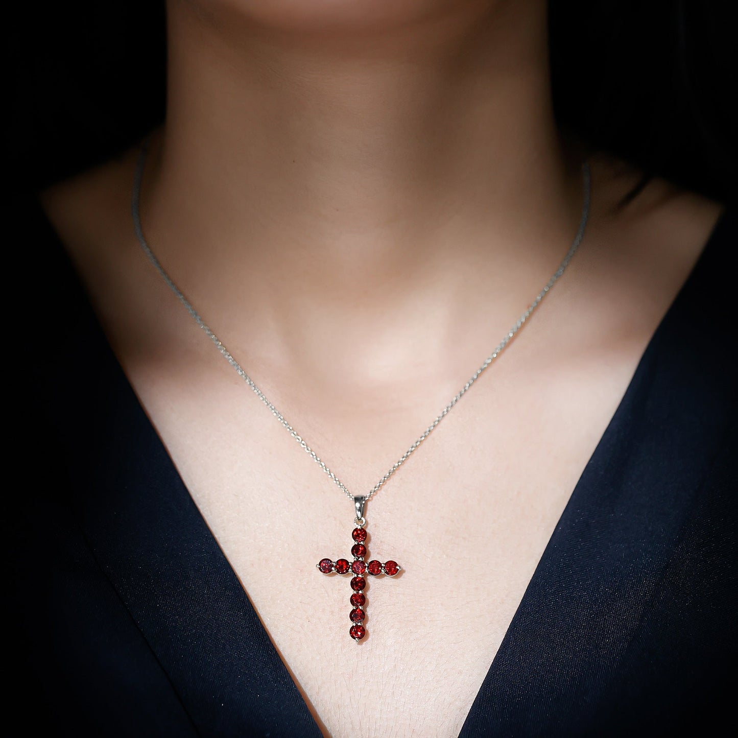 Genuine Garnet Cross Pendant Necklace