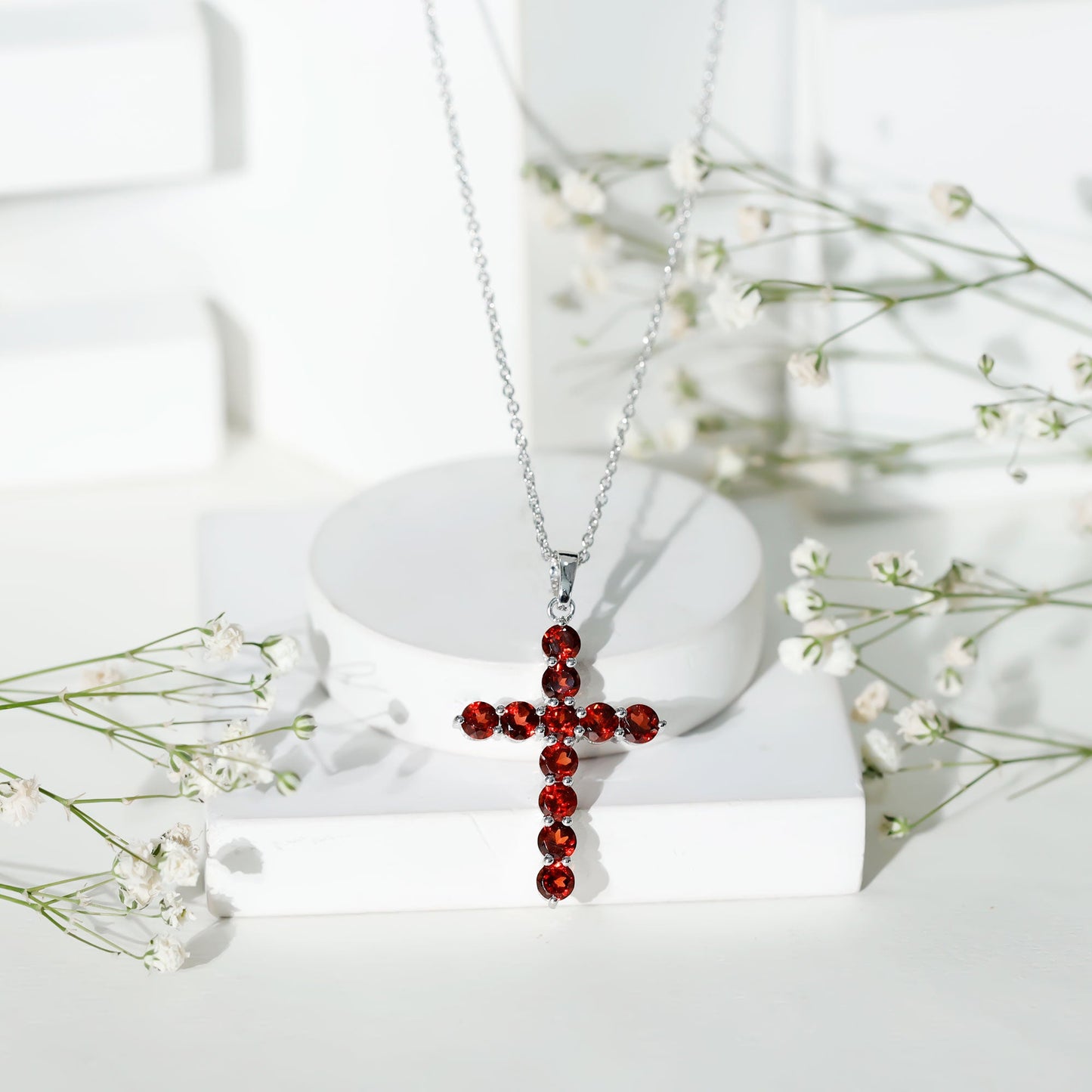 Genuine Garnet Cross Pendant Necklace