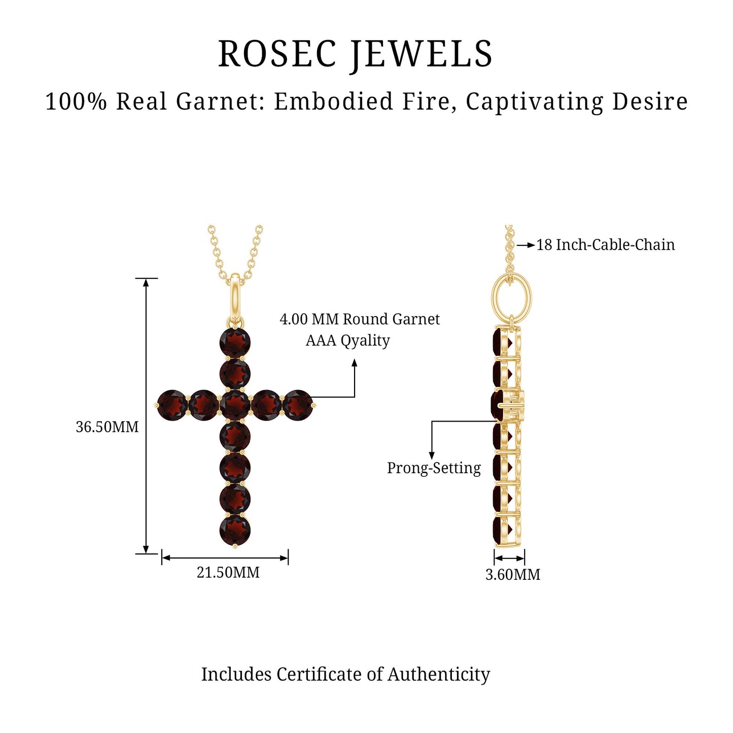 Genuine Garnet Cross Pendant Necklace