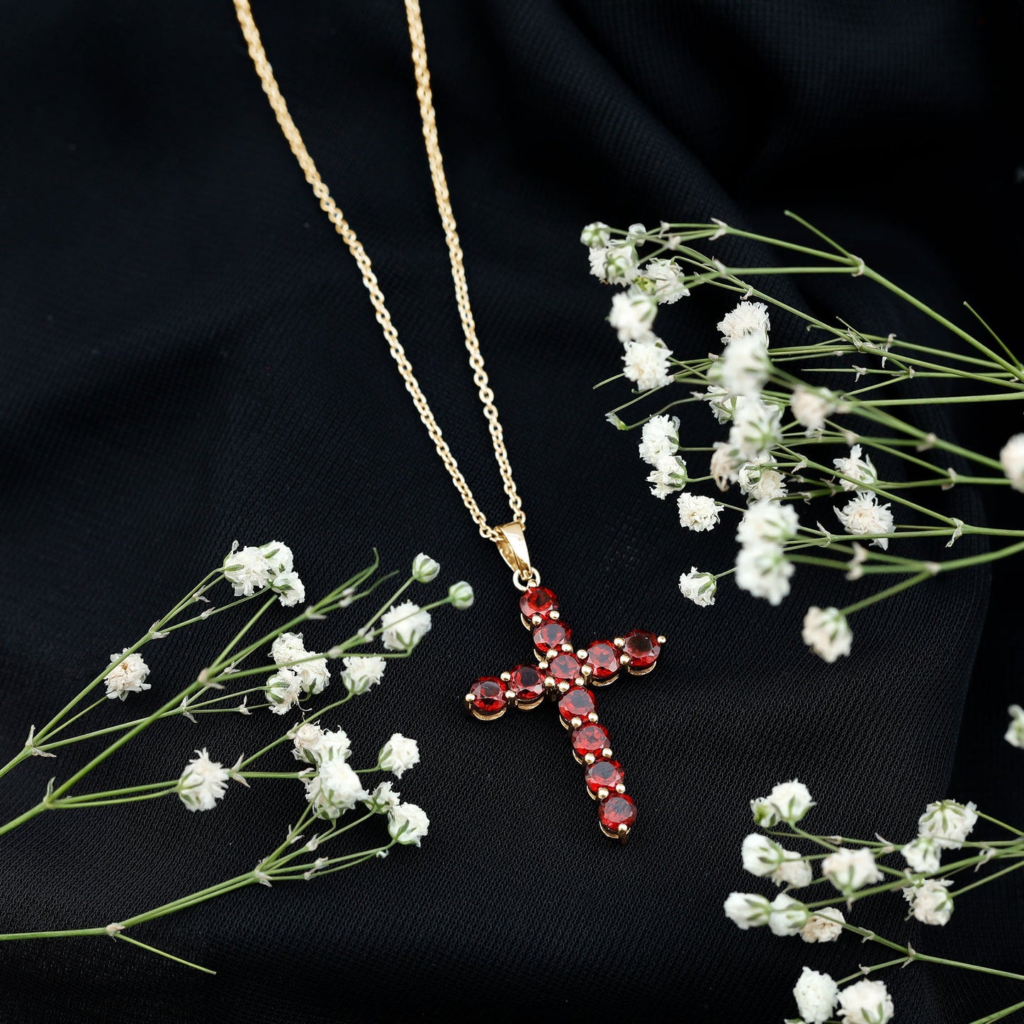 Genuine Garnet Cross Pendant Necklace