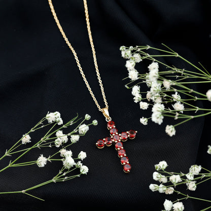 Genuine Garnet Cross Pendant Necklace
